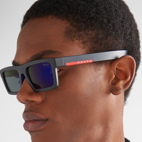 Prada PS 02ZS Men's Rectangular Polarised Sunglasses Black/Red - Picture 14 of 15